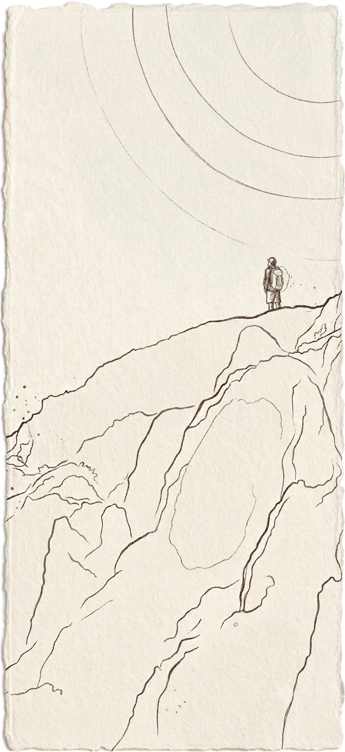 Ink line illustration of Victor standing on a volcanic ridge, looking out over the coast